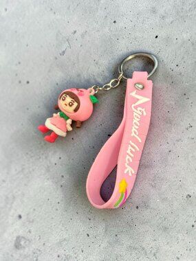 Cute Pink Peach Girl Wristlet Keychain Kawaii Silicone Strap NWOT